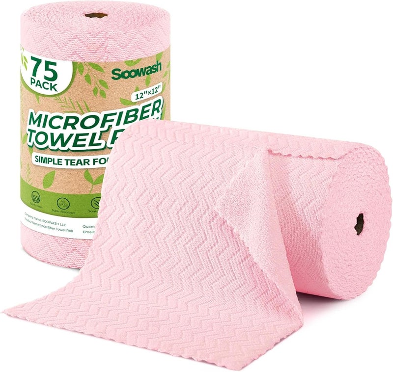 SOOWASH Microfiber Cleaning Cloths Roll, 75 Pack Tear Away Microfiber Towels Roll, 12" x 12" Lint Free Rags, Reusable Cleaning Cloths, Washable, Scratch Free,Ultra Absorbent Dish Rags(Pink Ripple) - Image 1
